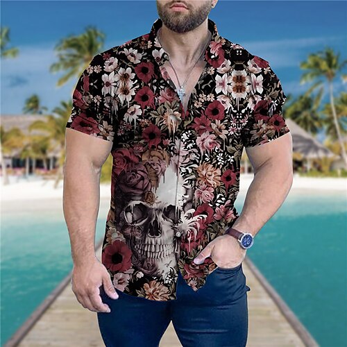 

Men's Shirt Summer Hawaiian Shirt Floral Skull Graphic Prints Turndown Red Blue Gray Street Casual Short Sleeves Button-Down Print Clothing Apparel Tropical Sports Streetwear Designer