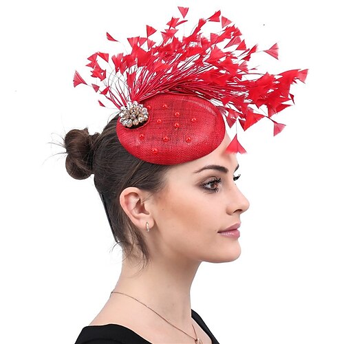 

Fascinadores Linho Festa de Chá Kentucky Derby Corrida de cavalos Dia da Mulher Vintage Elegante Retro Com Penas Perola Imitação Capacete Chapéu