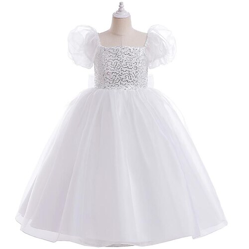 

Bambino (1-4 anni) Da ragazza Vestito da festa Tinta unica Vestito a pieghe Medio Vestito Prestazioni Nodo della cravatta Colletto quadrato Manica corta Adorabile Vestito 3-7 anni Primavera Bianco