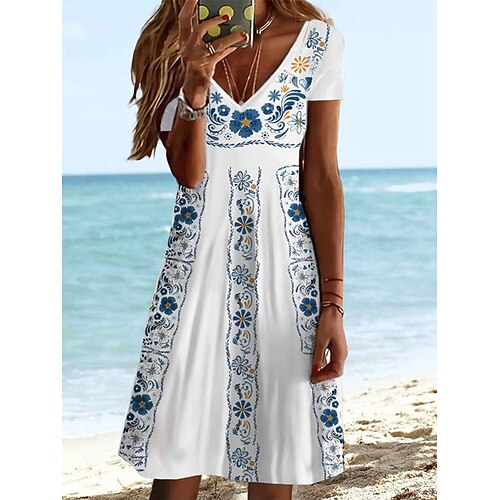 

Dame Afslappet påklædning Skift Kjole Print kjole Blomstret Tribal Trykt mønster V-hals Mini kjole Årgang Etnisk udendørs Daglig Kortærmet Regulær Rød Blå Forår Sommer S M L XL XXL
