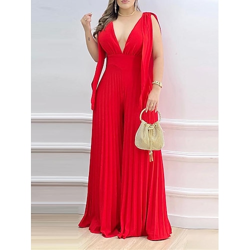 

Combinaison Femme Plissé Taille haute Couleur unie V Profond Elégant Soirée Entreprise Standard Sans Manches Noir S Printemps