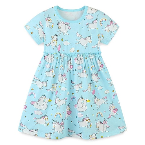 

Bambino Da ragazza Vestito Cartoni animati Unicorno Abito casual Sopra il ginocchio Vestito Esterno Increspato Girocollo Manica corta Informale Vestito 3-8 anni Primavera Blu