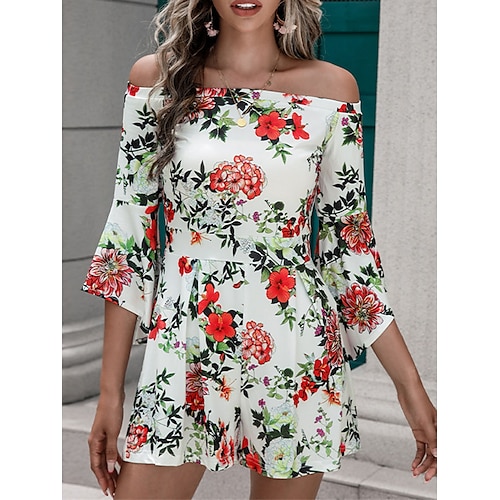 

Women's Romper Backless Print Floral Off Shoulder Streetwear Daily Vacation Regular Fit Long Sleeve White Green S M L Spring