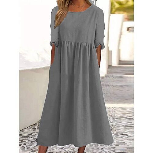 Women's Cotton Linen Dress Casual Dress Shift Dress Midi Dress Cotton And Linen Basic Casual Outdoor Daily Vacation Crew Neck Ruched Pocket Long Sleeve Summer Spring Fall 2023 Loose Fit Black Gray, lightinthebox  - buy with discount