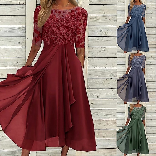 

abito da cocktail party da donna abito in pizzo abito midi verde blu viola mezza manica ricamo floreale pizzo autunno primavera girocollo elegante classico ospite di nozze 2023 s m l xl xxl 3xl