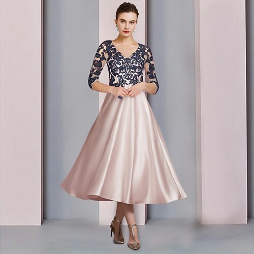 

A-linje Kjole til brudens mor Formell Kirke Fest Elegant V-hals Te-lengde Sateng Blonder 3/4 ermer med Appliqué 2023