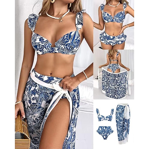 

Dame Badetøy Bikini Normal Badedrakt Blondér Drapering 3 deler Printer Blomster Blå Lilla Grønn Badedrakter Sport Strand Klær Høst