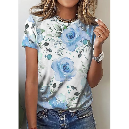 

T shirt Tee Femme Jaune Rose Claire Bleu Rose Imprimer Manche Courte Casual du quotidien basique Col Rond Normal Standard S