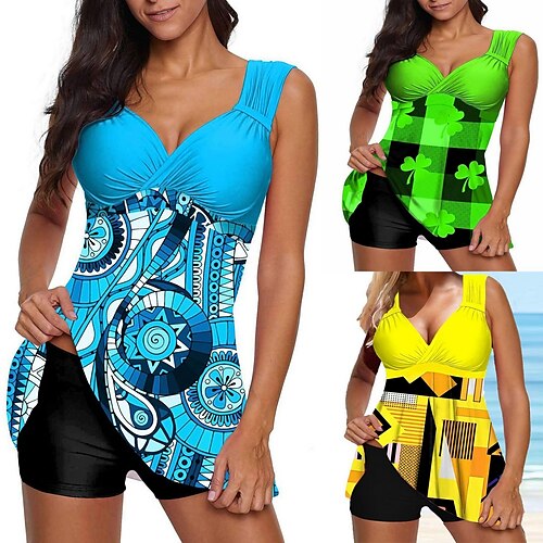 

Women's Swimwear Swim Dress Normal Swimsuit 2 Piece Printing Graphic Leaf Yellow Sky Blue Green Bathing Suits Sports Summer