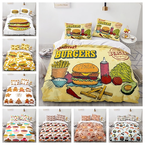 

roupa de cama fast food 3 peças pizza hambúrguer batata frita cupcake conjunto de cama 3d criativo sobremesas deliciosas capas de edredom (completas)1 capa de edredom2 fronhas colcha