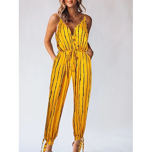 

Damen Jumpsuit mit Schnürung Bedruckt Gestreift V Ausschnitt Strassenmode Brautkleider schlicht Täglich Urlaub Regular Fit Ärmellos Schwarz Gelb Blau S M L XL Frühling