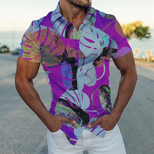 

Homens Camisa Social Estampas Abstratas Folhas Aberto para a Lateral Roxo Ao ar livre Rua Manga Curta Botão para baixo Imprimir Roupa Esportes Moda Roupa de rua Designer