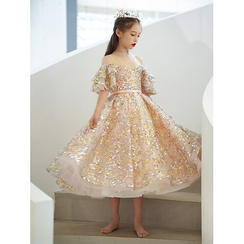 

Prinsesse Te-lengde Blomsterpikekjole Bursdag Jenter Søt ballkjole Polyester / bomullsblanding med Belte / bånd Glitrende Passer 3-16 år