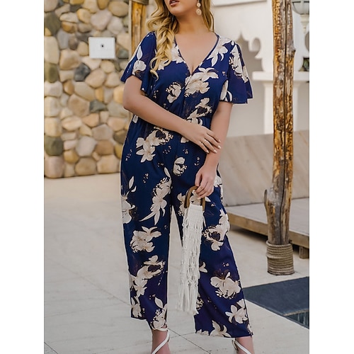 

Damen Jumpsuit Hohe Taillenlinie Bedruckt Blumen V Ausschnitt Strassenmode Ordinär Täglich Festtage Lockere Passform Kurzarm Blau XL XXL 3XL 4XL Frühling