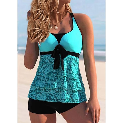 

Damen Badeanzug Tankini 2 Stück Normal Bademode Spitze 2 Teile Blumen Blau Tank Top Badeanzüge Sport Sommer