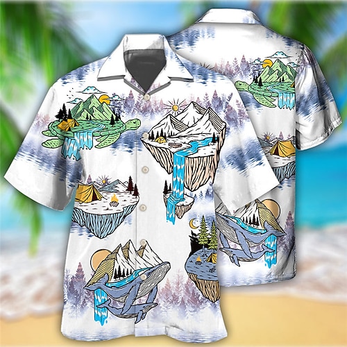 

Homens Camisa Social Camisa havaiana Tubarão Estampas Abstratas Montanha Tartaruga Aberto para a Lateral Branco Casual Feriado Manga Curta Botão para baixo Imprimir Roupa Tropical Moda Havaiana Macia