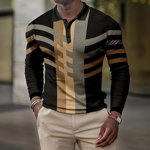 

Men's Polo Shirt Golf Shirt Waffle Polo Shirt Color Block Graphic Prints Geometry Turndown Black Red Blue Green Outdoor Street Long Sleeve Button-Down Print Clothing Apparel Fashion Streetwear