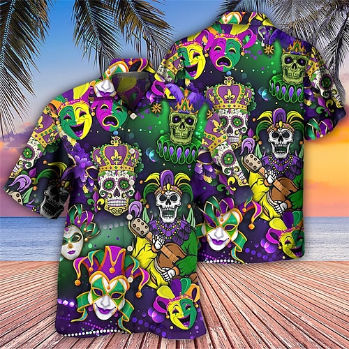 

Herren Hemd Hawaiihemd Sommerhemd Totenkopf Motiv Karneval Umlegekragen Grün Casual Festtage Kurzarm Button-Down Bedruckt Bekleidung Tropisch Modisch Hawaiianisch Weich