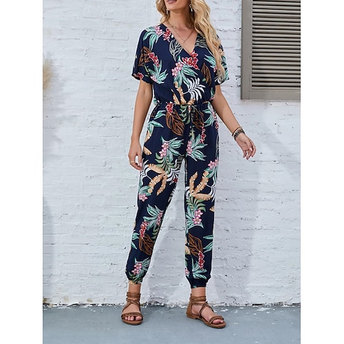 

Damen Jumpsuit Bedruckt Blumen V Ausschnitt Brautkleider schlicht Urlaub Täglich Urlaub Regular Fit Kurzarm Marineblau S M L XL Frühling