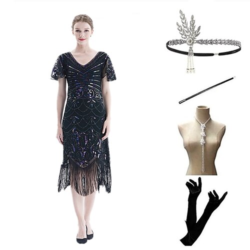 

The Great Gatsby 1920s Vintage Inspired The Great Gatsby Flapper Dress Party Costume Masquerade Women's Sequins Tassel Fringe Costume Vintage Cosplay Halloween Party Evening Short Sleeve Short Length