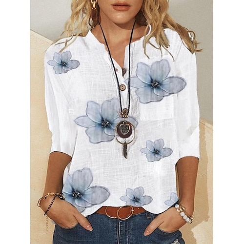 

Damen Hemd Bluse Weiß Grau Blumen Taste Tasche Langarm Casual Festtage Basic V Ausschnitt Standard Blume S