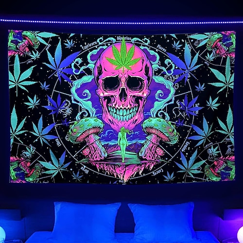 

blacklight billedvev uv-reaktiv trippy misty skull weed natur veggteppe til stuen