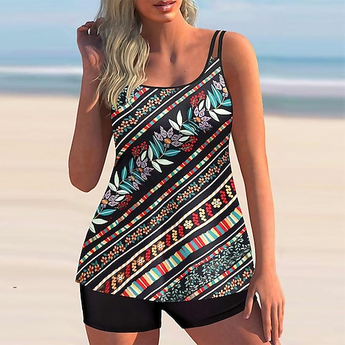 

Damen Badeanzug Tankini 2 Stück Normal Bademode 2 Teile Print Gestreift Schwarz Tank Top Badeanzüge Sport Sommer