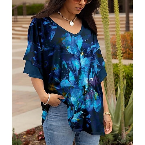 

T shirt Tee Femme bleu marine Bleu Gris Graphic Floral Patchwork Imprimer Manches mi-longues Casual du quotidien Plage Col V Normal Ample Fleur Grande Taille S