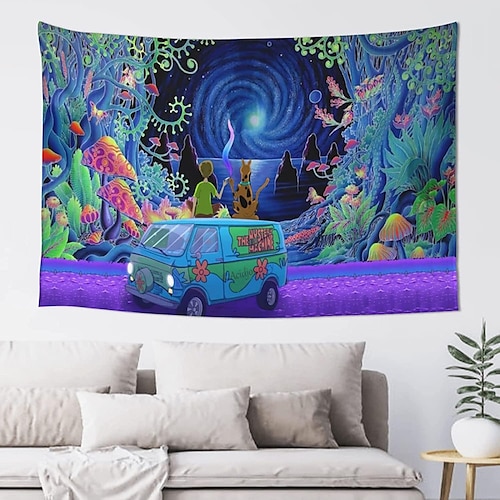 

tapeçaria de luz negra uv reativo trippy misty cogumelo natureza paisagem pendurada na parede para sala de estar