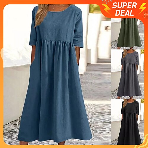

Women's Casual Dress Cotton Dress Swing Dress Midi Dress Cotton Basic Casual Outdoor Daily Crew Neck Pocket Smocked Half Sleeve Spring Summer 2023 Loose Fit Black Blue Green Pure Color S M L XL 2XL