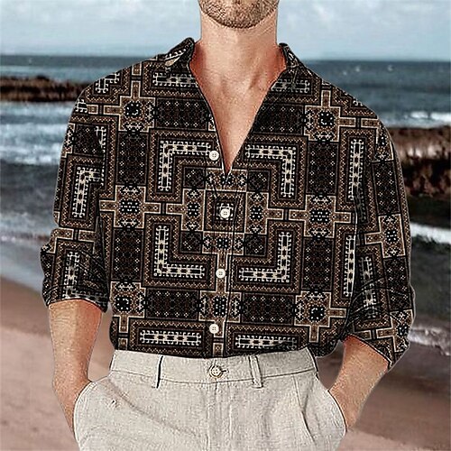 

Herre Skjorte Button Up skjorte Sommer skjorte Casual skjorte Strandtrøje Vin Blå Kaffe Langærmet Grafisk Geometrisk Aftæpning Gade Ferierejse Knap ned Tøj Stilfuld Afslappet Moderne Moderne