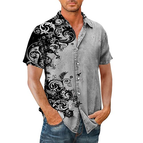 

Men's Shirt Summer Hawaiian Shirt Floral Graphic Prints Turndown Gray Street Casual Short Sleeves Button-Down Print Clothing Apparel Tropical Sports Streetwear Designer