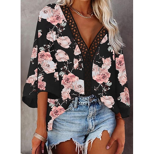 

Mulheres Camisa Social Blusa Amarelo Rosa Floral Guarnição do laço Imprimir Manga Longa Casual Feriado Básico Decote V Padrão Tema Flores S