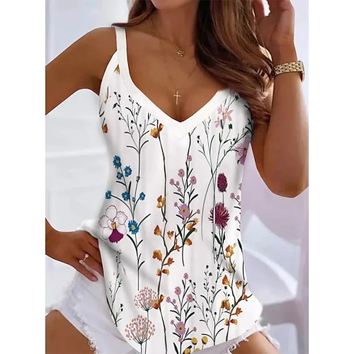 

Women's Tank Top Going Out Tops Summer Tops White Red Blue Floral Abstract Print Sleeveless Holiday Weekend Tunic Basic V Neck Regular Floral S
