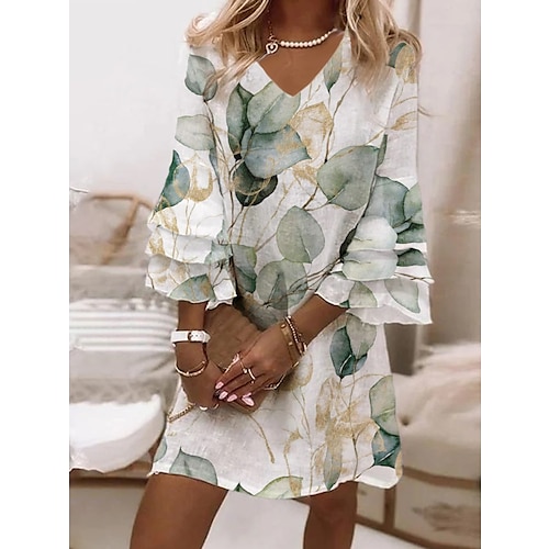 

Women's Summer Dress Print Dress Graphic Leaf Print V Neck Flared Sleeve Mini Dress Fashion Classic Daily Holiday 3/4 Length Sleeve Loose Fit White Beige Summer Spring S M L XL XXL