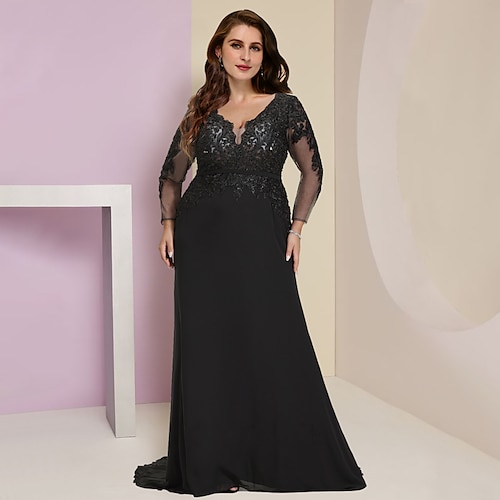 

Plus Size Curve Kjole til brudens mor Bryllupsgjest Årgang Fest V-hals Katedralen Train Chiffon Blonder Langermet med Paljett 2023