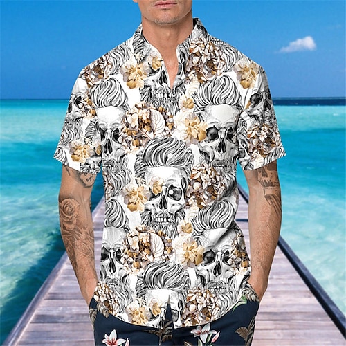 

Homens Camisa Social Camisa havaiana Floral Caveiras Estampas Abstratas Aberto para a Lateral Branco Diário Feriado Manga Curta Botão para baixo Imprimir Roupa Tropical Moda Roupa de rua Havaiana