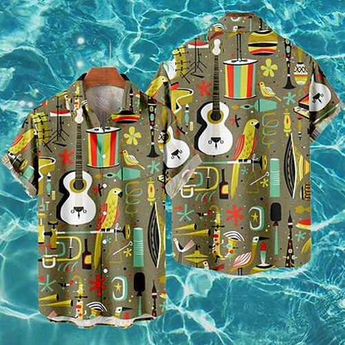 

Men's Shirt Summer Hawaiian Shirt Graphic Prints Musical Instrument Turndown Khaki Outdoor Street Short Sleeves Button-Down Print Clothing Apparel Sports Fashion Streetwear Designer