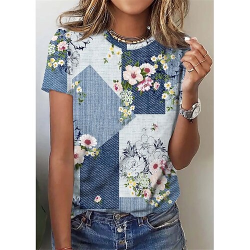 

T shirt Tee Femme Arc-en-ciel Floral Patchwork Imprimer Manche Courte Casual du quotidien basique Col Rond Normal Standard S