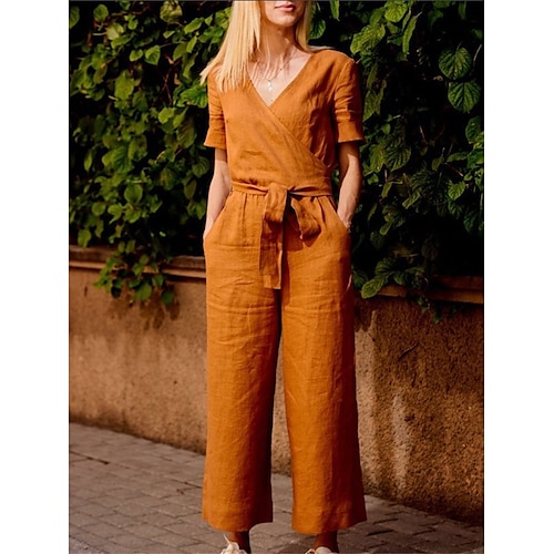 

Damen Jumpsuit mit Schnürung Tasche Feste Farbe V Ausschnitt Strassenmode Brautkleider schlicht Täglich Urlaub Regular Fit Kurzarm Schwarz Fuchsie Khaki S M L XL Frühling