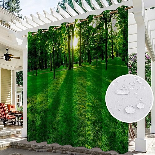 

2 Paneele Outdoor-Vorhang, wasserdicht, verschiebbare Terrassenvorhänge, Pergola-Vorhänge, Öse, 3D-Waldlandschaft für Pavillon, Balkon, Veranda, Party