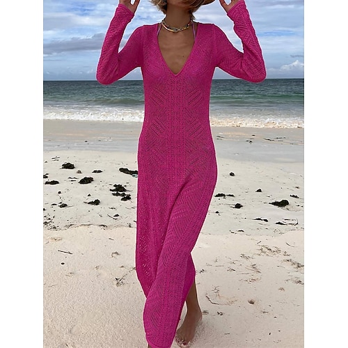 

Robe pull Maille Femme A côtes Tricoter Dos ouvert Couleur unie Col V Casual Flexible Extérieur du quotidien manche longue Printemps Eté Blanche Fuchsia S M L