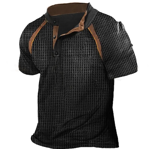

Herre Vaffel Henley skjorte T-Shirts Grafisk Ternet Henley 3D-udskrivning udendørs Afslappet Kortærmet Knap ned Tøj Mode Designer Basale