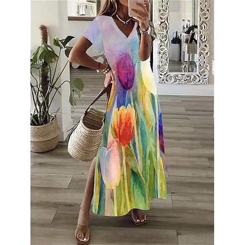 

Per donna Abito lungo Abito lungo Abito casual Abito estivo Abito stampato Pop art Floreale Essenziale Informale Esterno Giornaliero Per eventi Spacco Stampa Manica corta A V Vestito Standard Blu