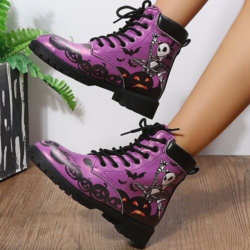 

Mujer Botas Botas de Combate Botines Botines Con Cordón Talón de bloque Dedo redondo Cuero Cordones 3D Morado