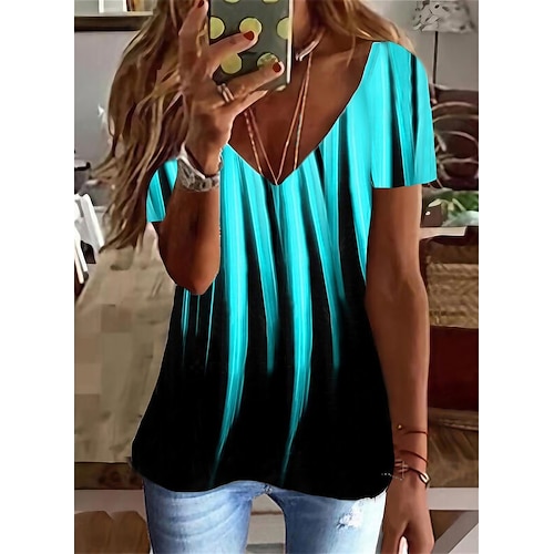 

Women's T shirt Tee Going Out Tops Graphic Daily Weekend Black White Blue Print Short Sleeve Tunic Basic V Neck Regular Fit