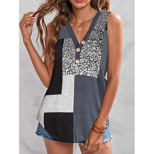 

Damen Tank Top Grau Farbblock Taste Bedruckt Ärmellos Casual Basic V Ausschnitt Standard S