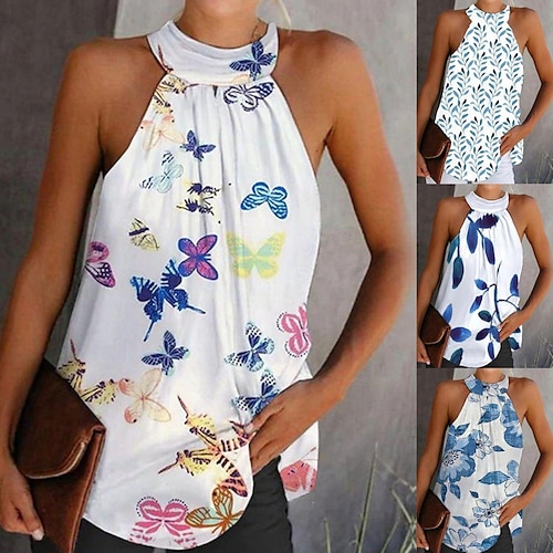 

Women's Tank Top White Yellow Royal Blue Floral Print Sleeveless Casual Holiday Basic Round Neck Regular Floral S