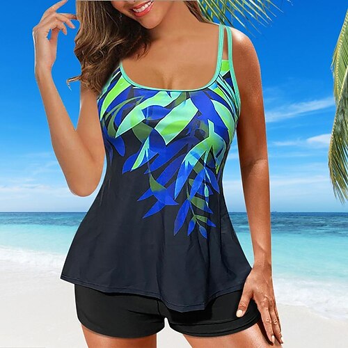 

Damen Badeanzug Tankini 2 Stück Normal Bademode 2 Teile Print Blatt Schwarz Tank Top Badeanzüge Sport Sommer