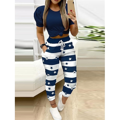 

Dame Loungewear Sæt Stjerne Stribe Enkel Afslappet Komfort Hjem Daglig Ferierejse Polyester Åndbart Rund hals Kortærmet T-shirt Bukse Forår Sommer Blå
